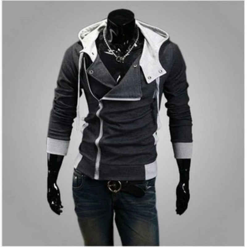 Trendy Men's Slim Solid Color Inclined Zip Up Pullover Hoodie