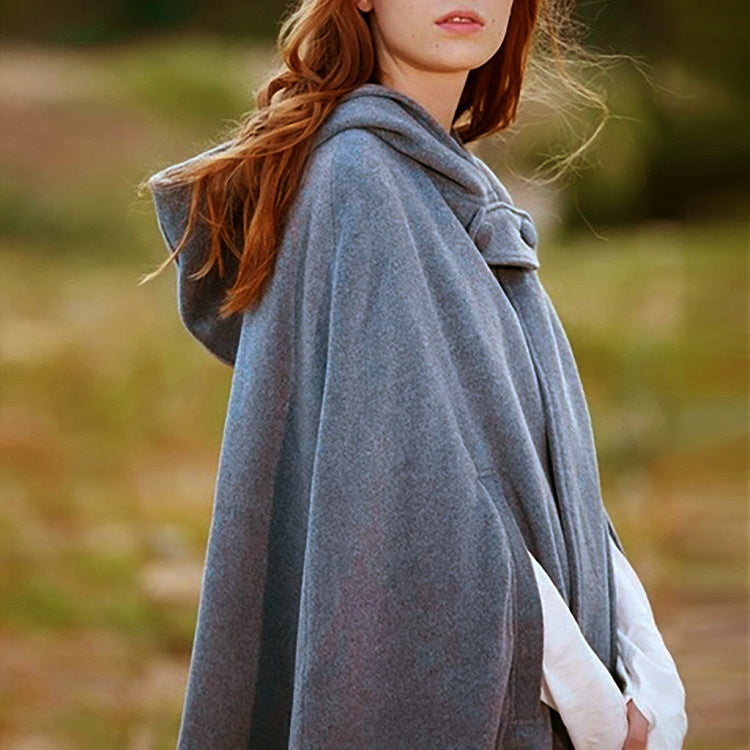 Women's Loose Hooded Button Woolen Shawl Cloak