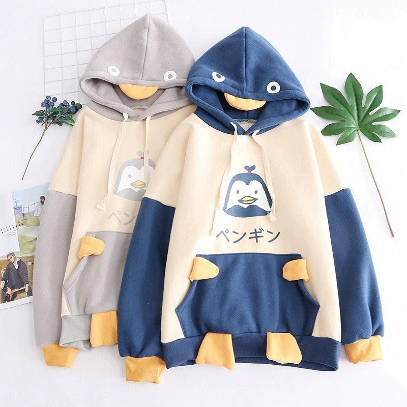 Japanese Fashion Penguin Print Velvet Warm Hoodie