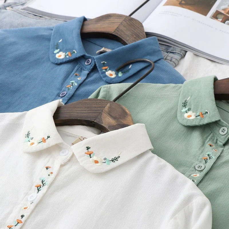 Retro Floral Embroidered Cotton Corduroy Shirt