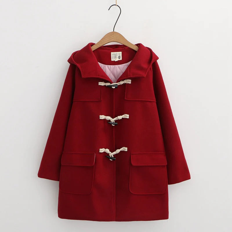 Winter Pure Color Horn Button Woolen Hooded Coat