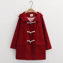 Winter Pure Color Horn Button Woolen Hooded Coat