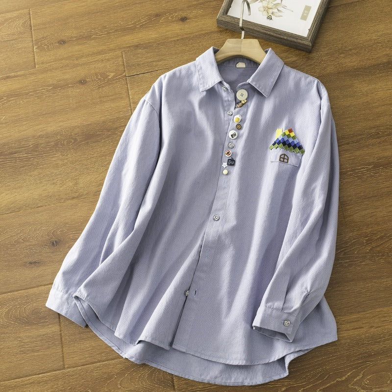 Cute Colorful Button House Embroidered Thick Shirt