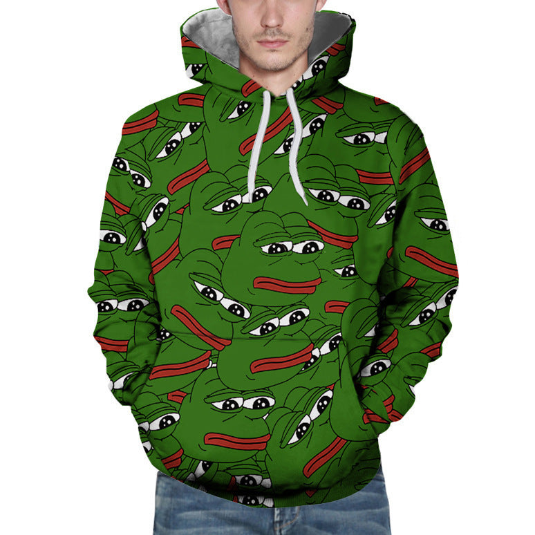 Unisex Funny Sad Frog Print Pullover Pocket Hoodie