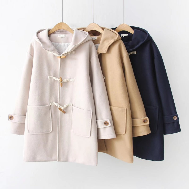 Korean Style Solid Color Horn Button Loose Pockets Coat