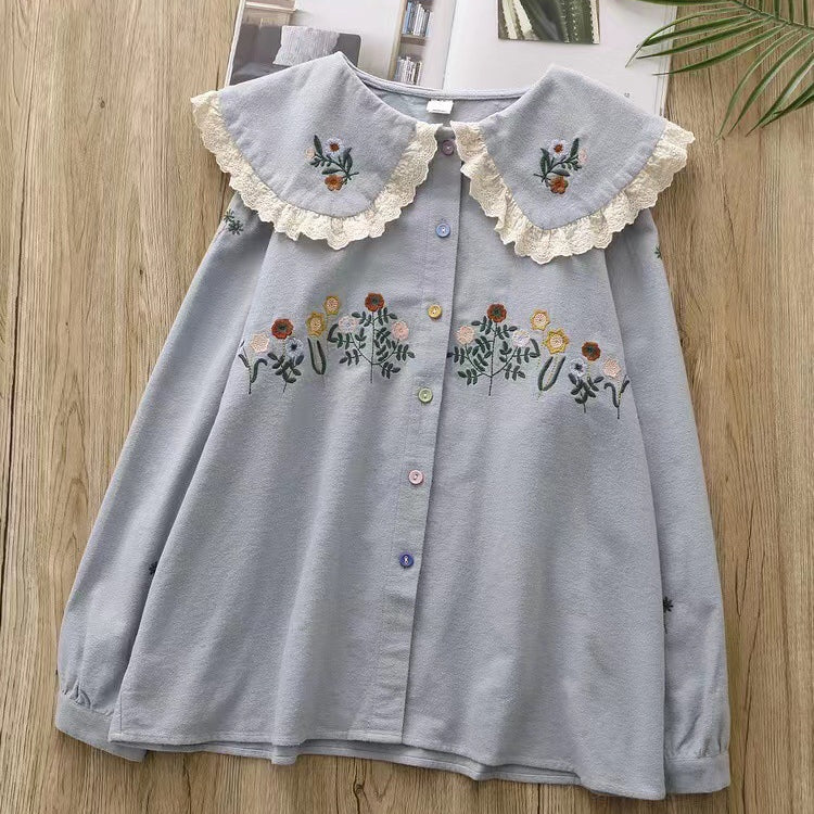 Fresh Floral Embroidery Lace Doll Collar Brushed Blouse