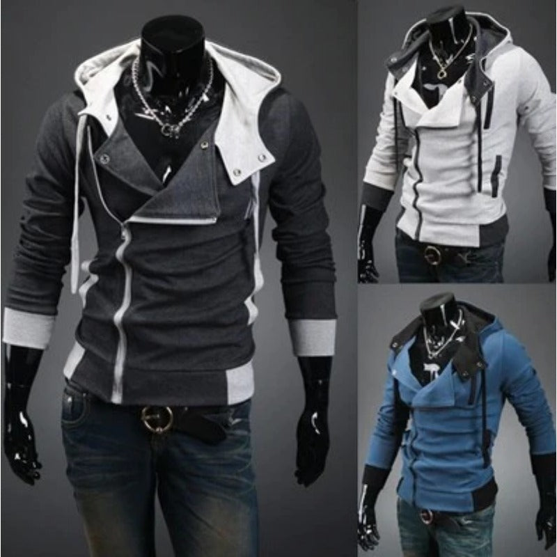 Trendy Men's Slim Solid Color Inclined Zip Up Pullover Hoodie