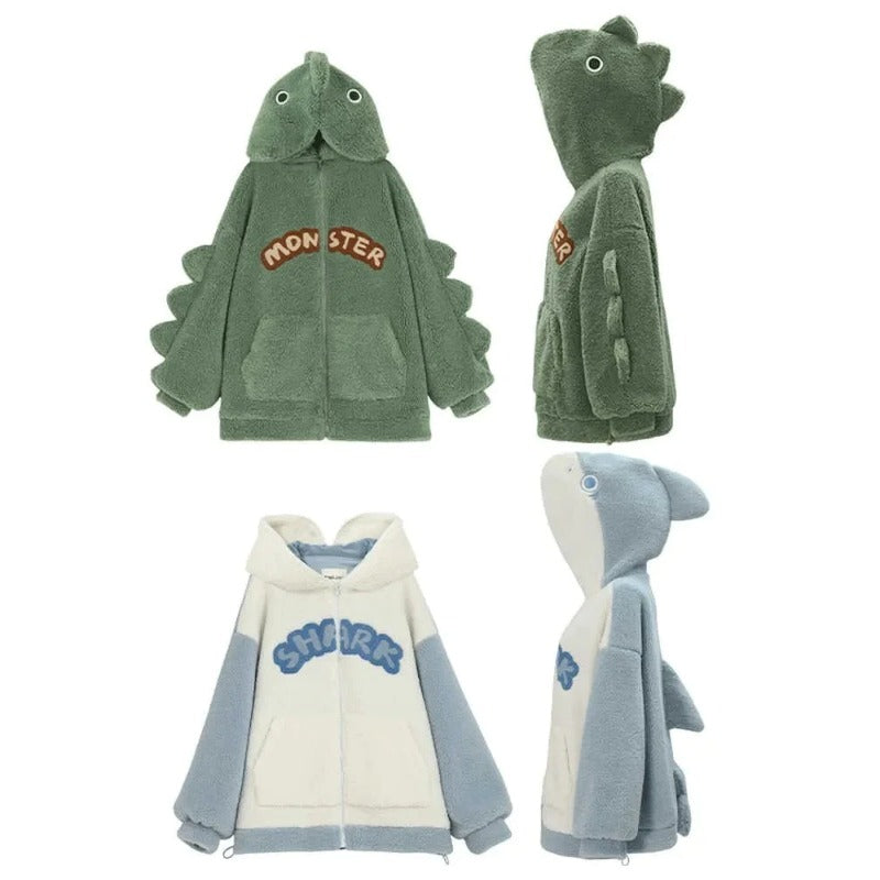 Cartoon Shark Zipper Plush Thick Hooded Coat Outerwear