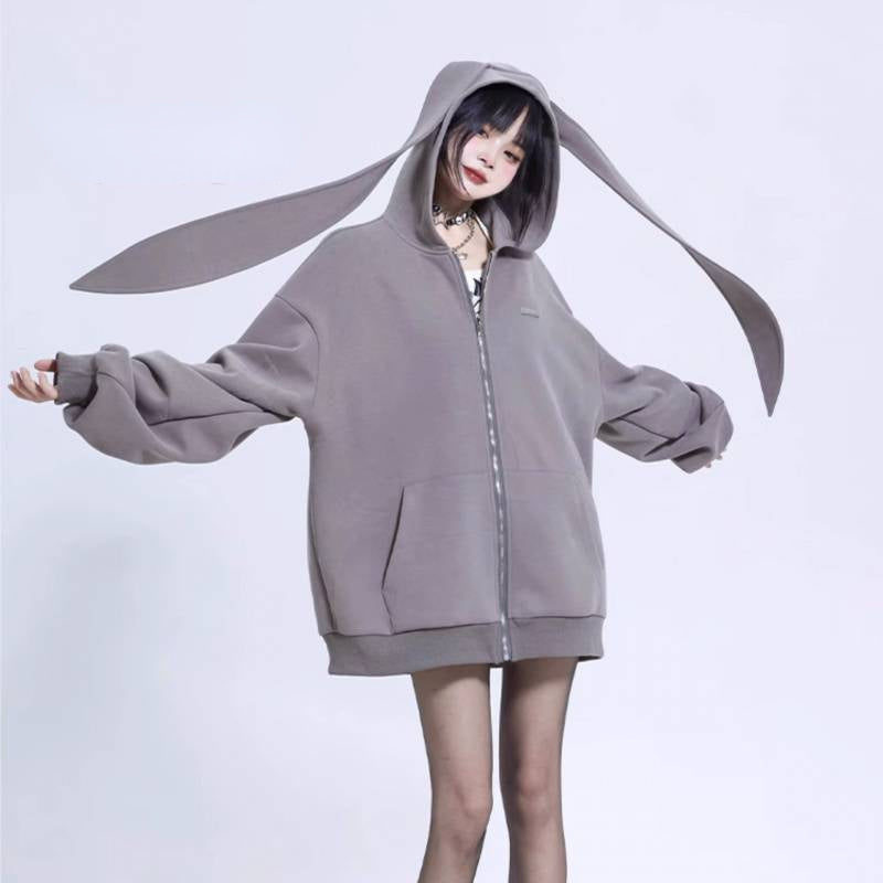 Long Bunny Ears Pocket Oversize Zipper Hoodie