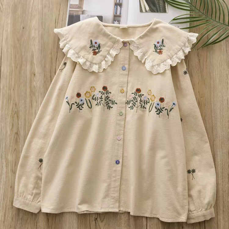 Fresh Floral Embroidery Lace Doll Collar Brushed Blouse