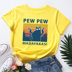 Stylish PEW PEW Cat Loose Round Neck T-shirt