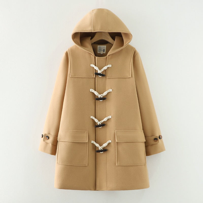 Japanese Style Horn Buckle Thickened Hooded Long Coat