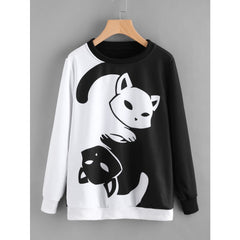 Girls Long sleeved Cat Print Color Block Sweatshirt