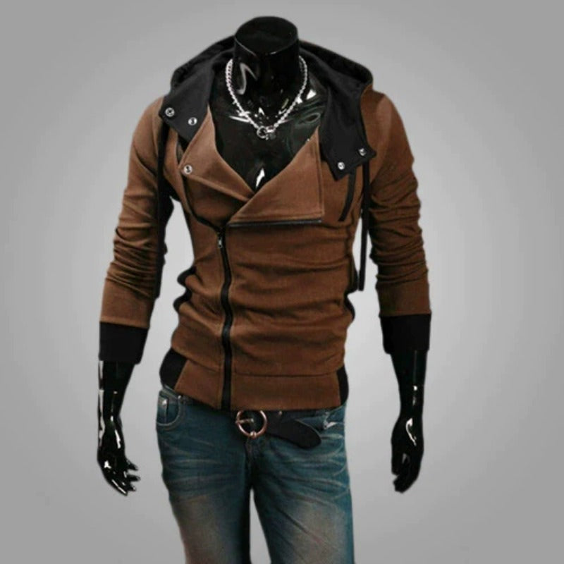 Trendy Men's Slim Solid Color Inclined Zip Up Pullover Hoodie