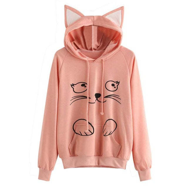 Kawaii Girls Cat Print Ears Slim Hoodie