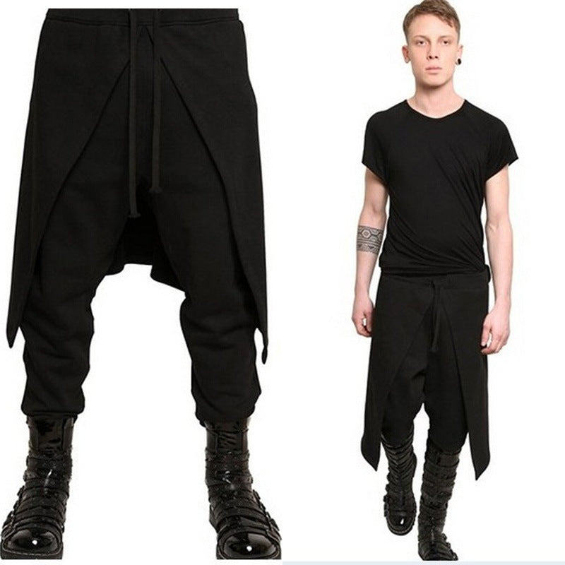 Chic Men's Stitching Loose Black Strappy Pants