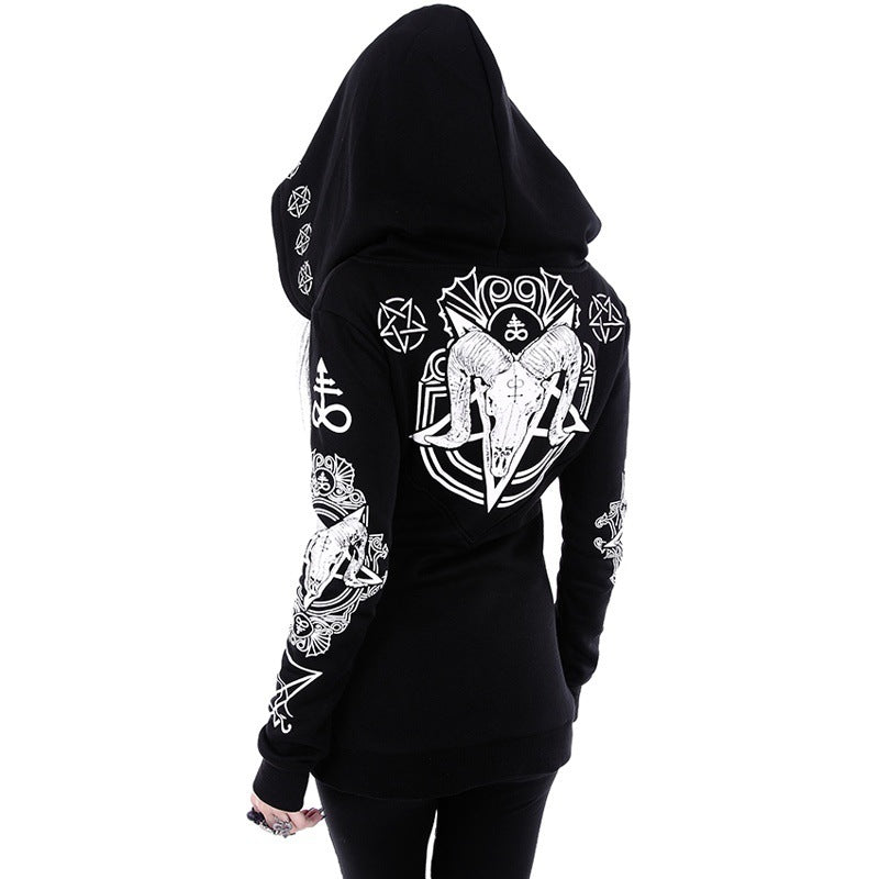 Trendy Irregular Punk Moon Print Witch Black Hoodie