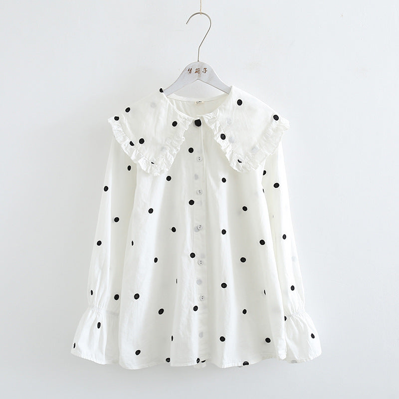 Japanese Style Polka Dots Embroidery Loose Shirt