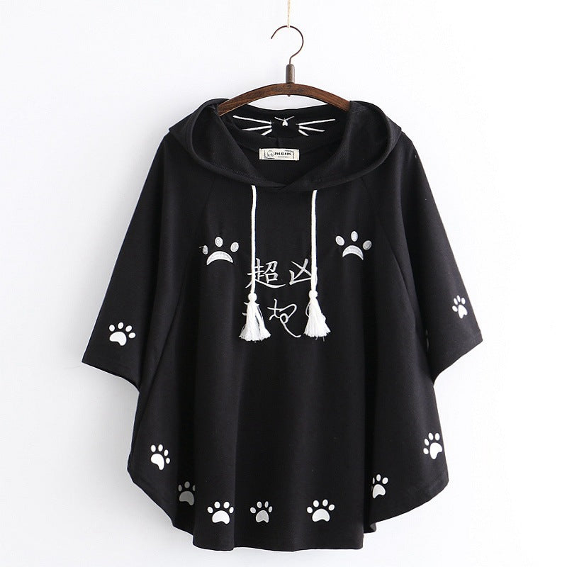 Cute Cartoon Cat Claws Embroidered Hooded Cloak T-shirt