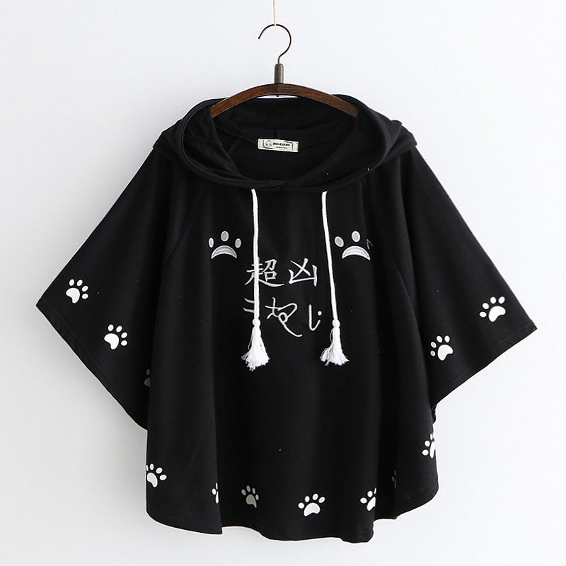 Cute Cartoon Cat Claws Embroidered Hooded Cloak T-shirt