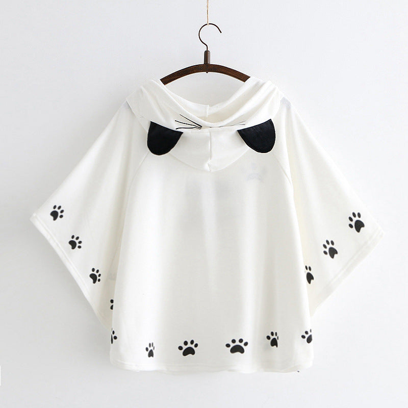 Cute Cartoon Cat Claws Embroidered Hooded Cloak T-shirt