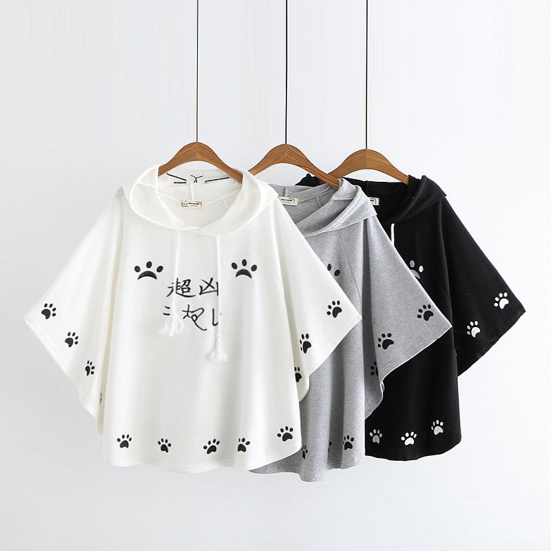 Cute Cartoon Cat Claws Embroidered Hooded Cloak T-shirt