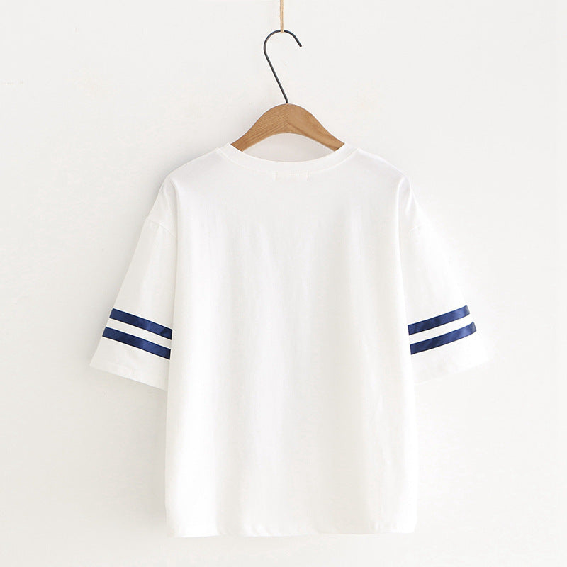 Japanese Style Navy Tie Cat Print Striped T-shirt