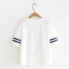 Japanese Style Navy Tie Cat Print Striped T-shirt