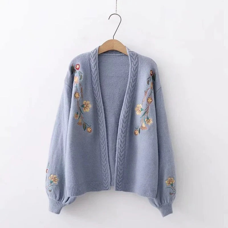 Casual Flower Embroidery Knitted Long-sleeved Cardigan