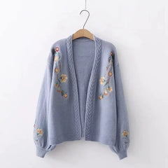 Casual Flower Embroidery Knitted Long-sleeved Cardigan