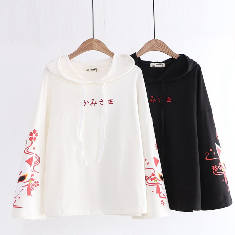 Japanese Mori Fox Mask Printed Long-sleeved Hoodie