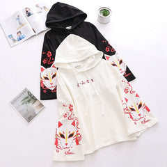 Japanese Mori Fox Mask Printed Long-sleeved Hoodie