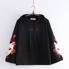 Japanese Mori Fox Mask Printed Long-sleeved Hoodie