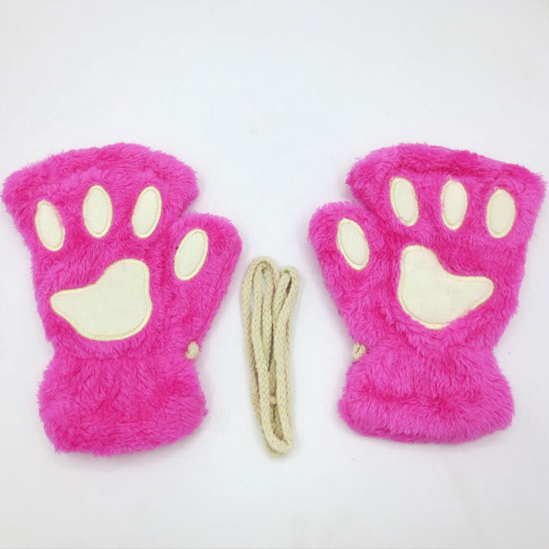 Half-fingered Cartoon Bear Cat Paws Fluff Gloves