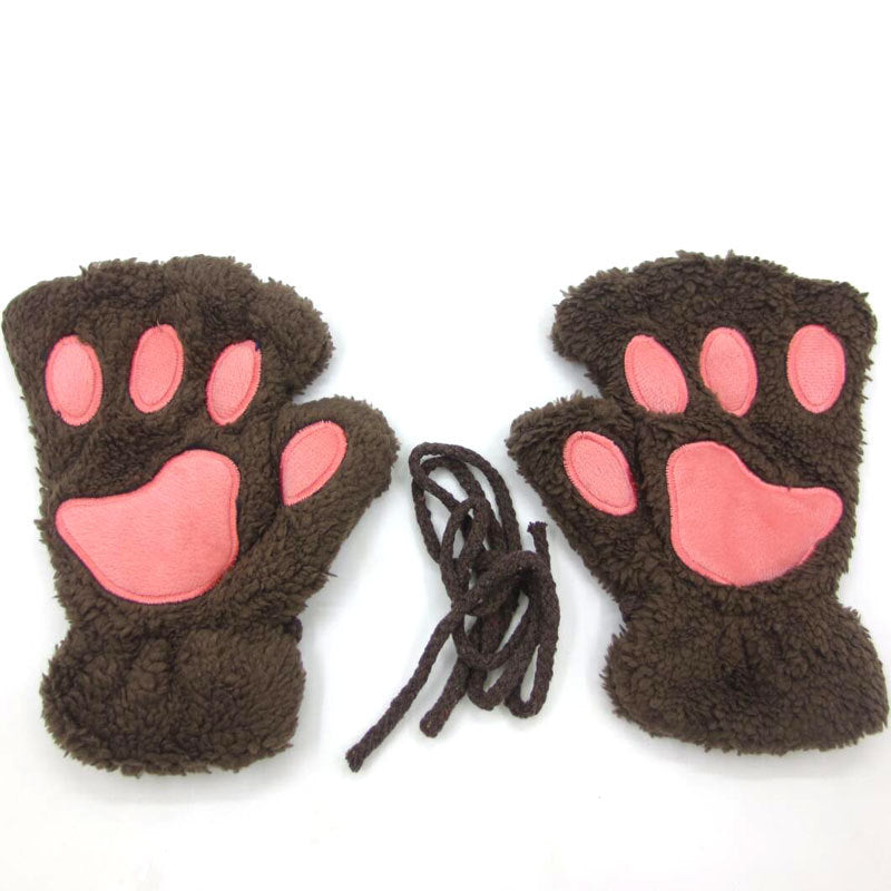 Half-fingered Cartoon Bear Cat Paws Fluff Gloves