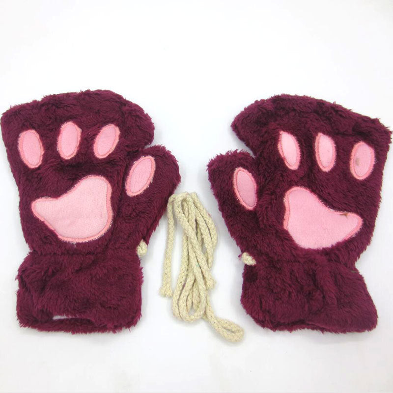 Half-fingered Cartoon Bear Cat Paws Fluff Gloves