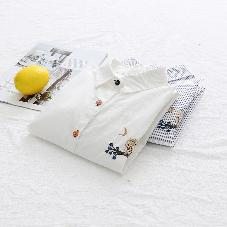 Japanese Style Owl Embroidered Collar Basic Shirt