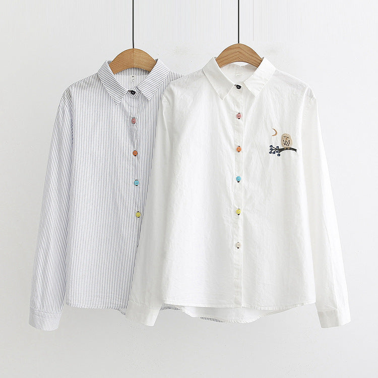 Japanese Style Owl Embroidered Collar Basic Shirt