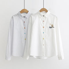 Japanese Style Owl Embroidered Collar Basic Shirt