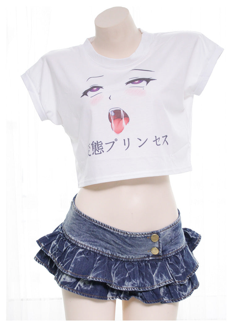 Japanese Style Anime Girl Printed Cropped Summer T-shirt