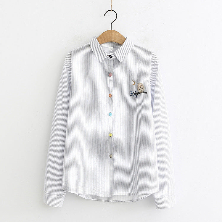 Japanese Style Owl Embroidered Collar Basic Shirt