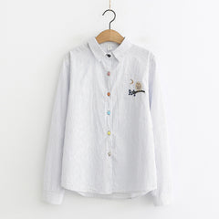 Japanese Style Owl Embroidered Collar Basic Shirt