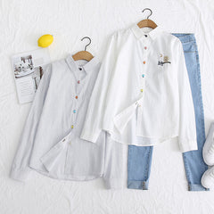 Japanese Style Owl Embroidered Collar Basic Shirt