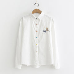 Japanese Style Owl Embroidered Collar Basic Shirt