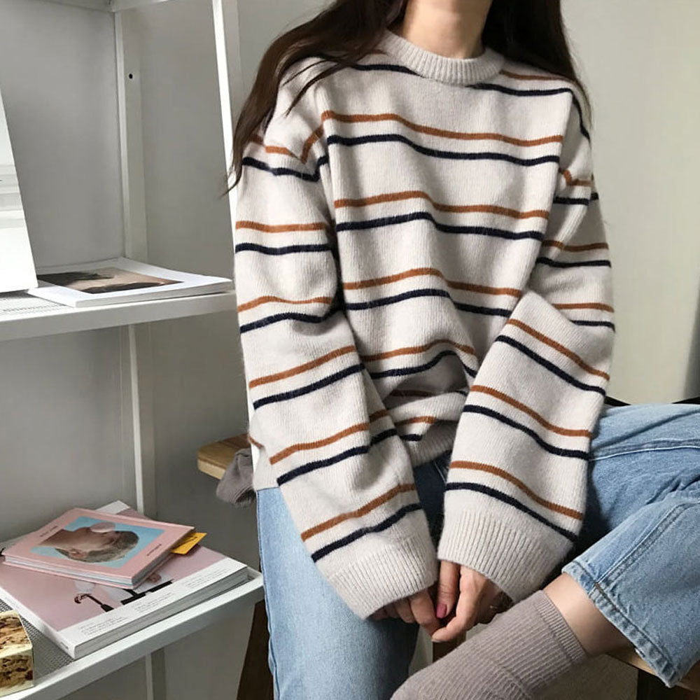 Chic Women's Striped Round Neck Pullover Sweater