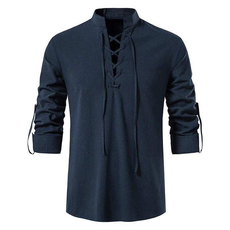 Stylish Men's Hippie Collar Drawstring Long Sleeve Shirt