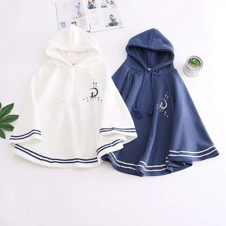 Cute Girls Moon Cat Embroidered Hooded Cloak