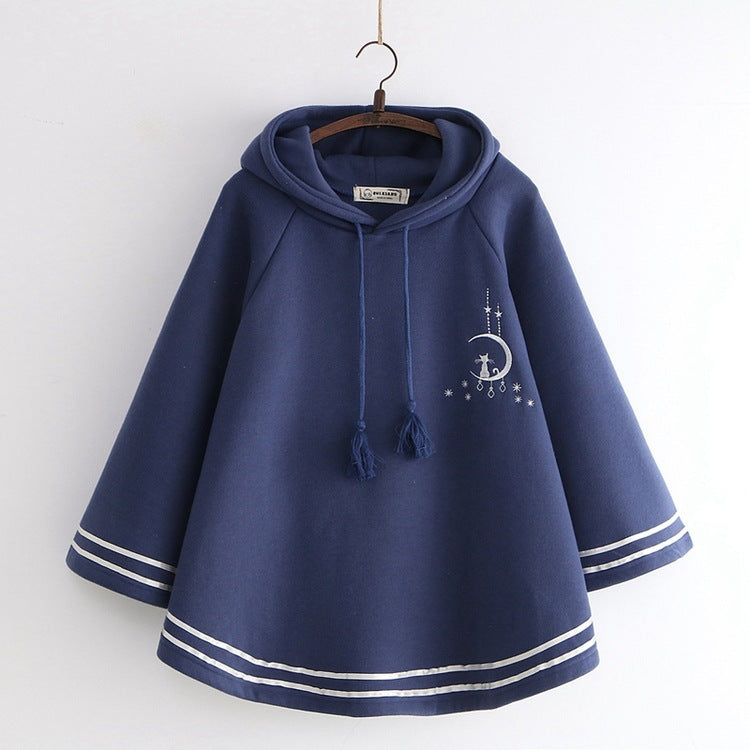 Cute Girls Moon Cat Embroidered Hooded Cloak