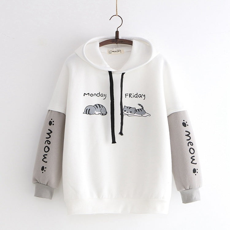 Funny Letters Cats Printed Color Block Hoodie