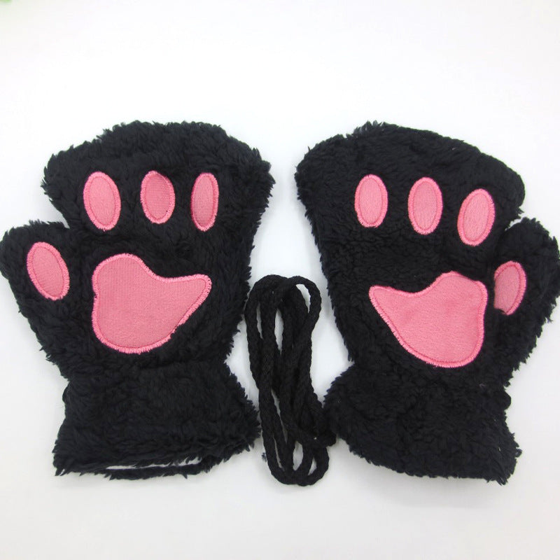 Half-fingered Cartoon Bear Cat Paws Fluff Gloves